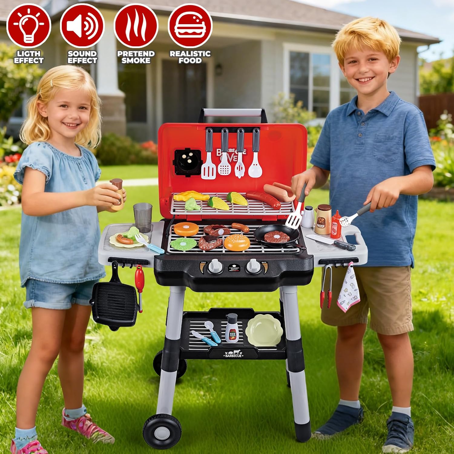 Kids playing in backyard with the grill