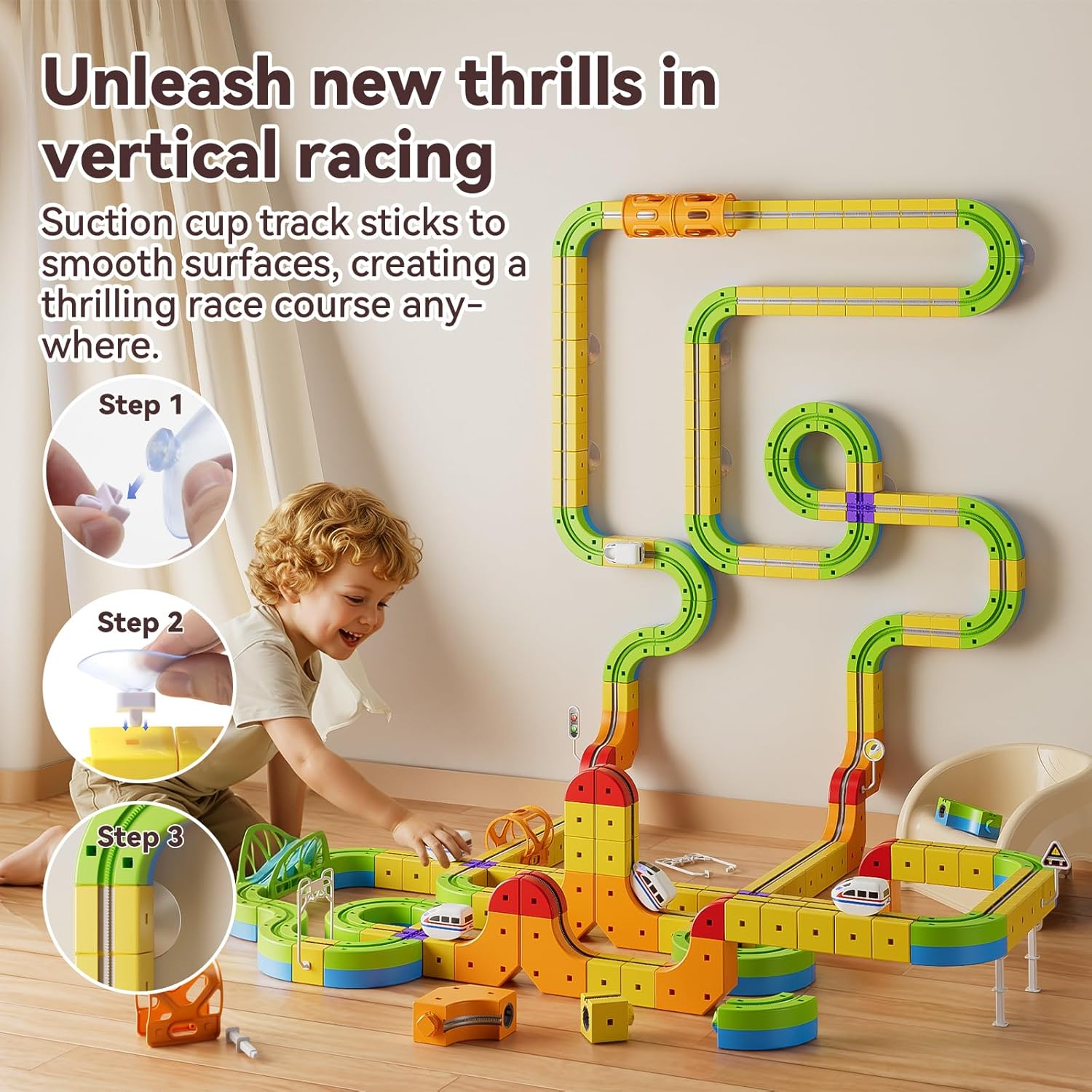 Vertical wall race with suction-cup tracks
