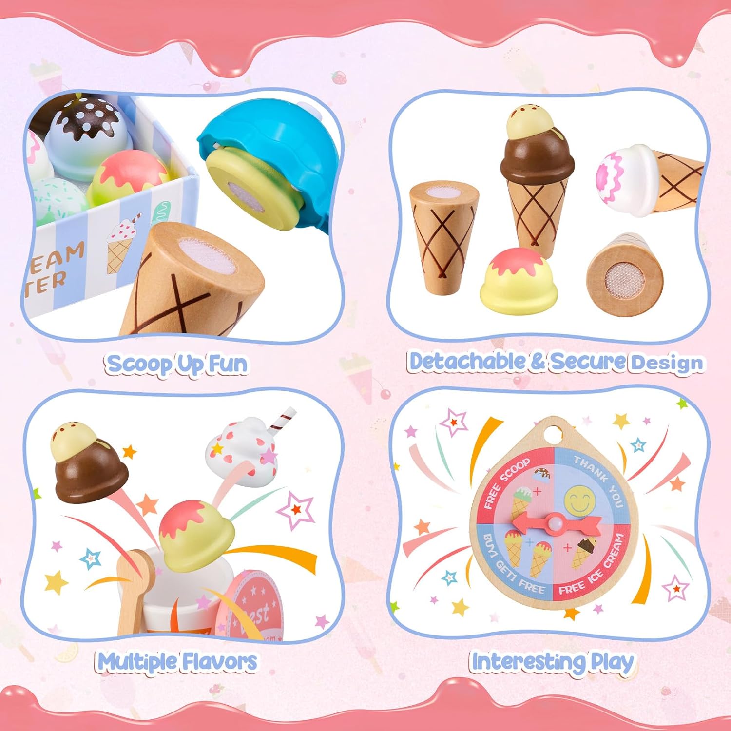 Magnetic scoop, detachable cones, lucky wheel