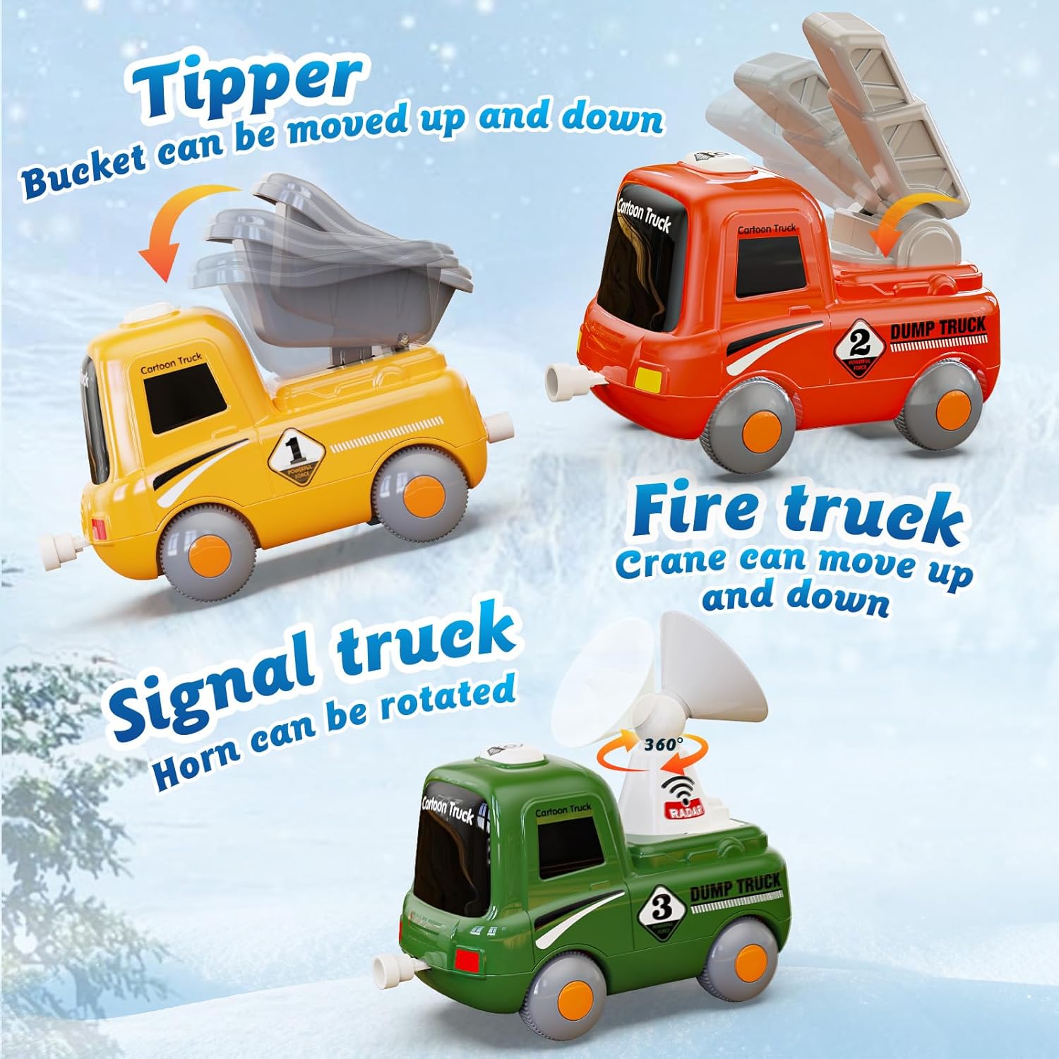 Working trucks — tipper, fire crane, signal radar