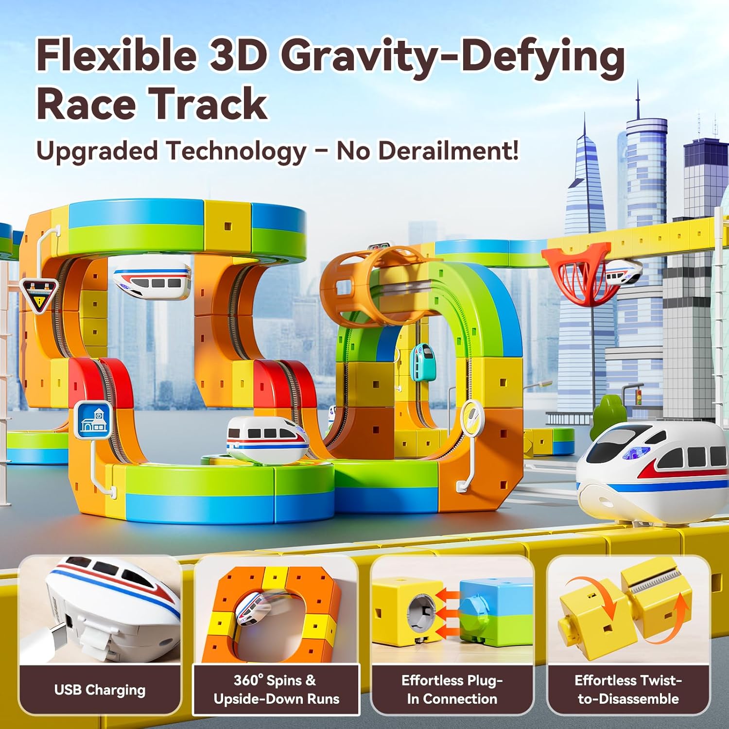 Flexible 3D gravity-defying race track features