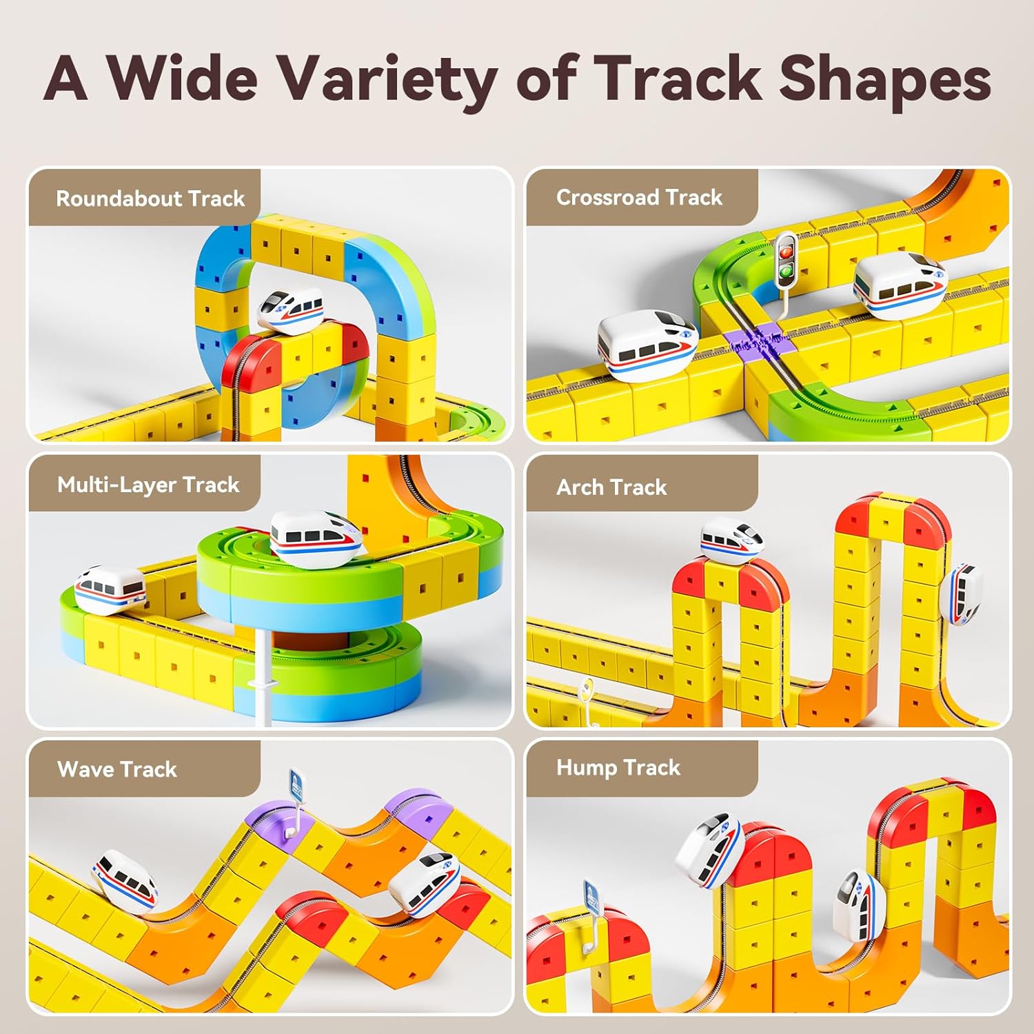 Six built-in track shapes — roundabout, arch, wave, hump
